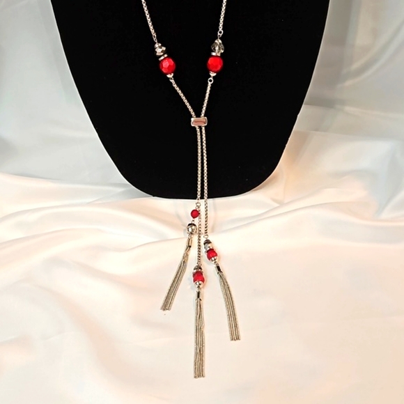 Vintage 80s Jules Long Necklace Lariet Style Red Beads & Smokey Quartz Crystals - Picture 11 of 16